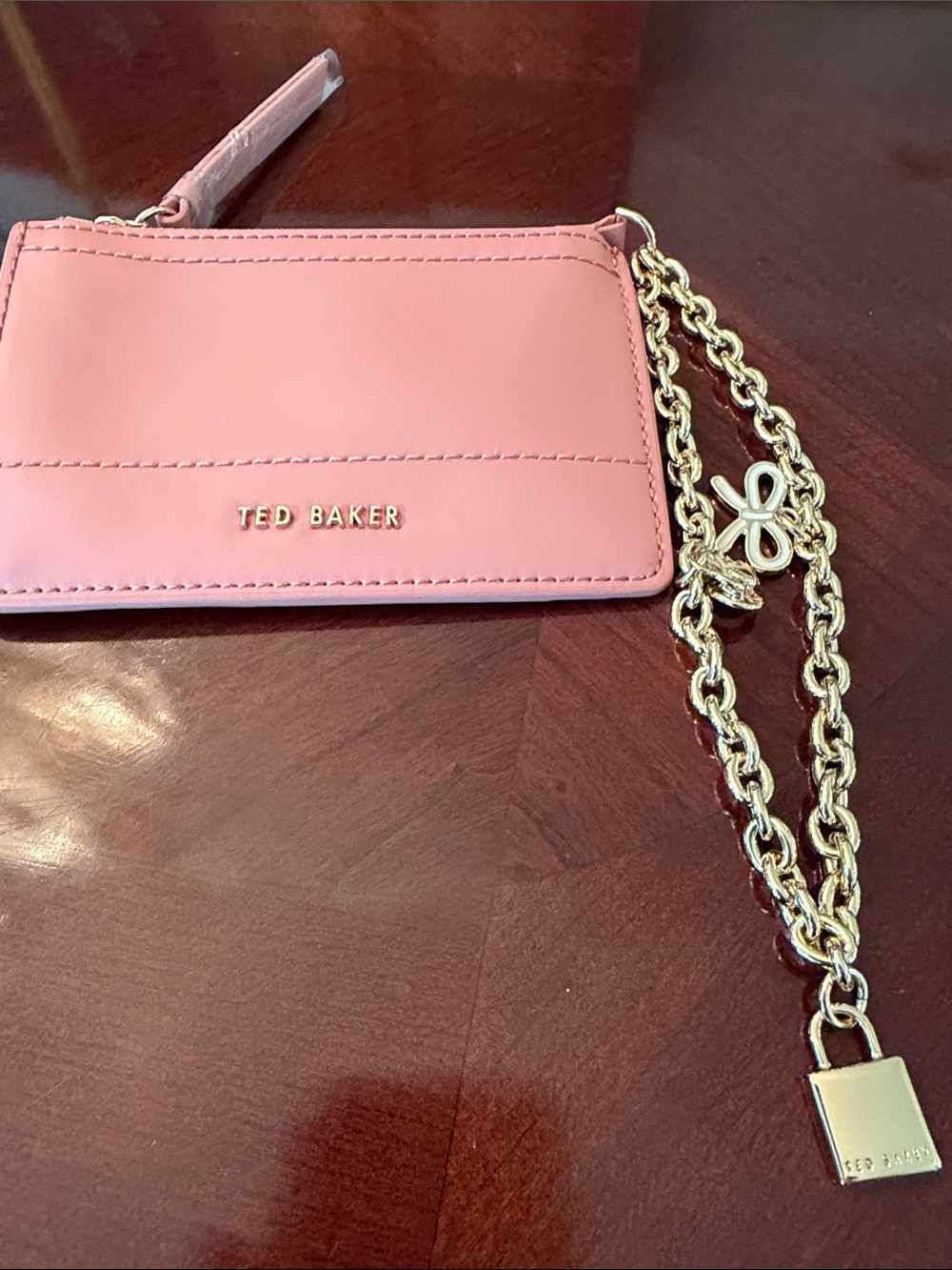 Ted Baker Pink Leather Card & Chain Holder with Gold Hardware